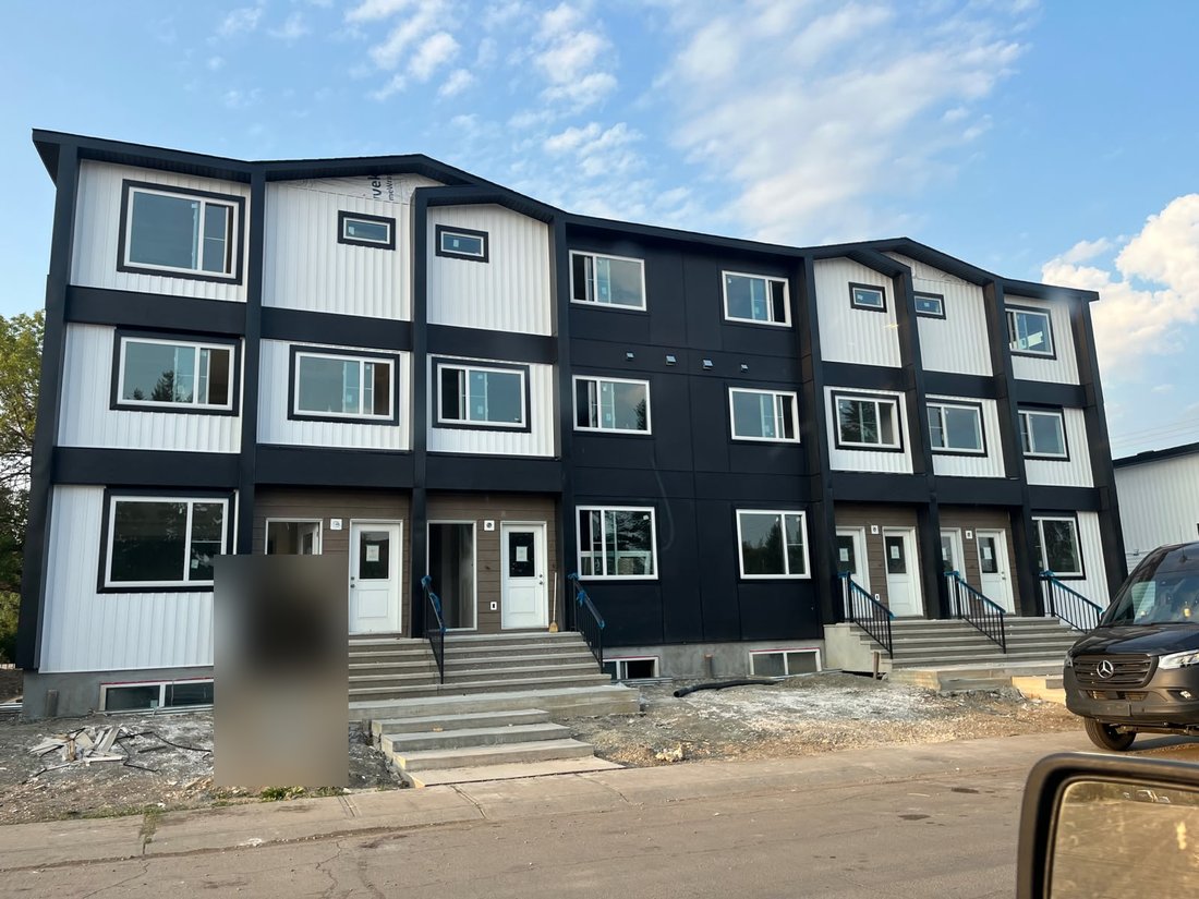Multi-unit building finished with black and white panel siding
